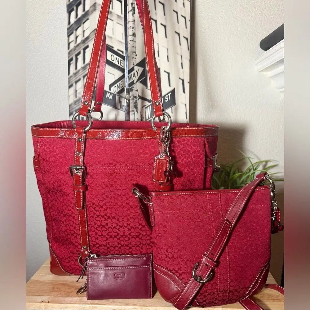COACH Vintage 3 Piece Set Red Mini “C” Canvas & Leather Tote, Crossbody, Wallet. - Picture 1 of 11